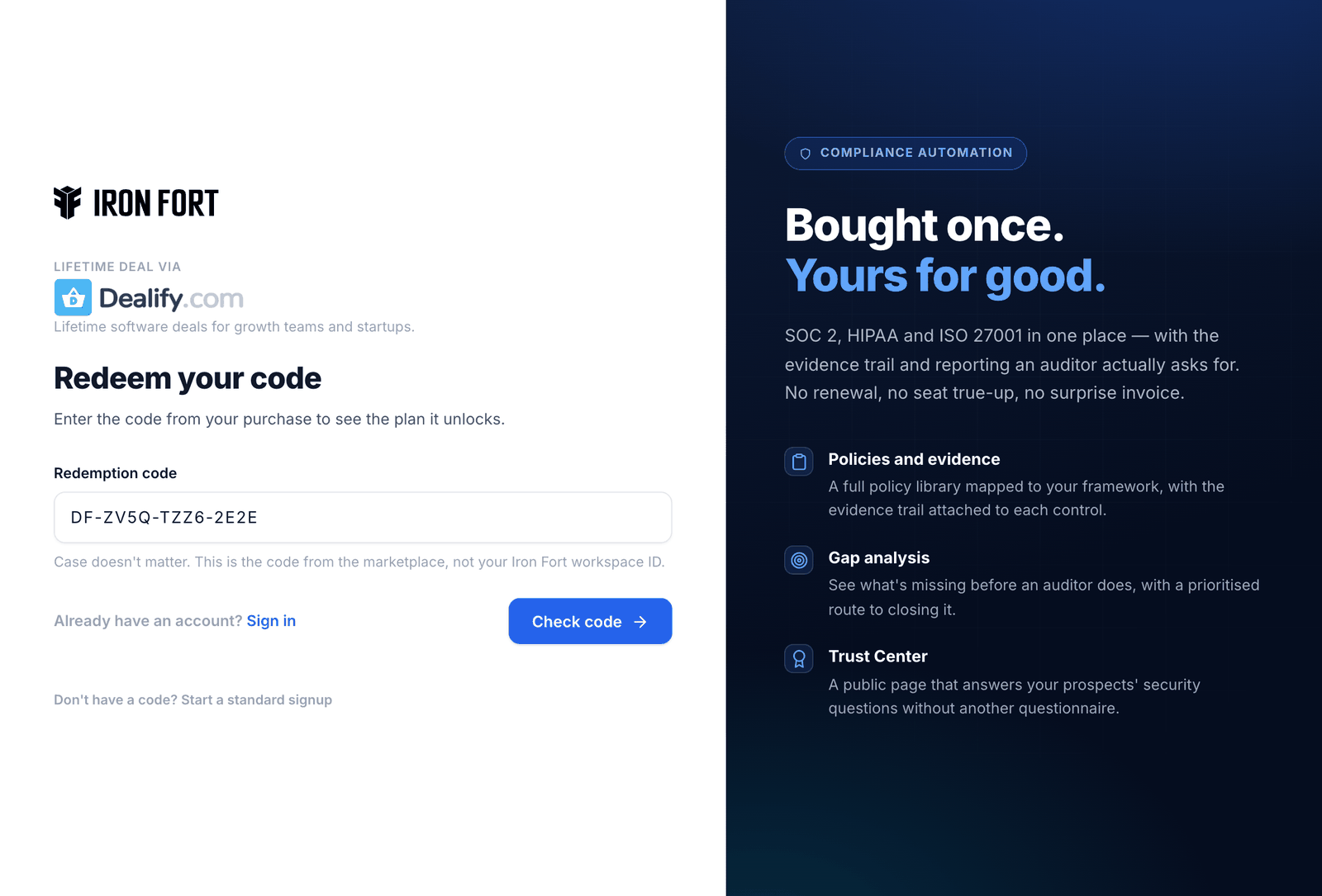 Enter your code — step 1 of redeeming an Iron Fort Dealify code