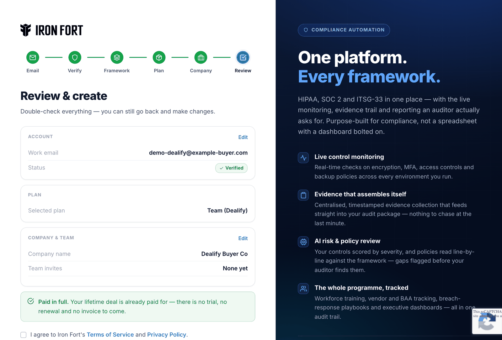 Review and create — step 7 of redeeming an Iron Fort Dealify code