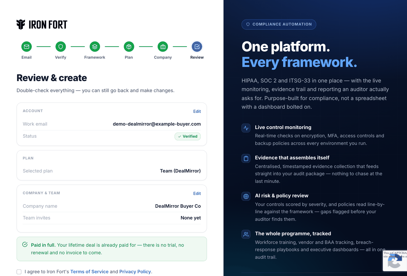 Review and create — step 7 of redeeming an Iron Fort DealMirror code