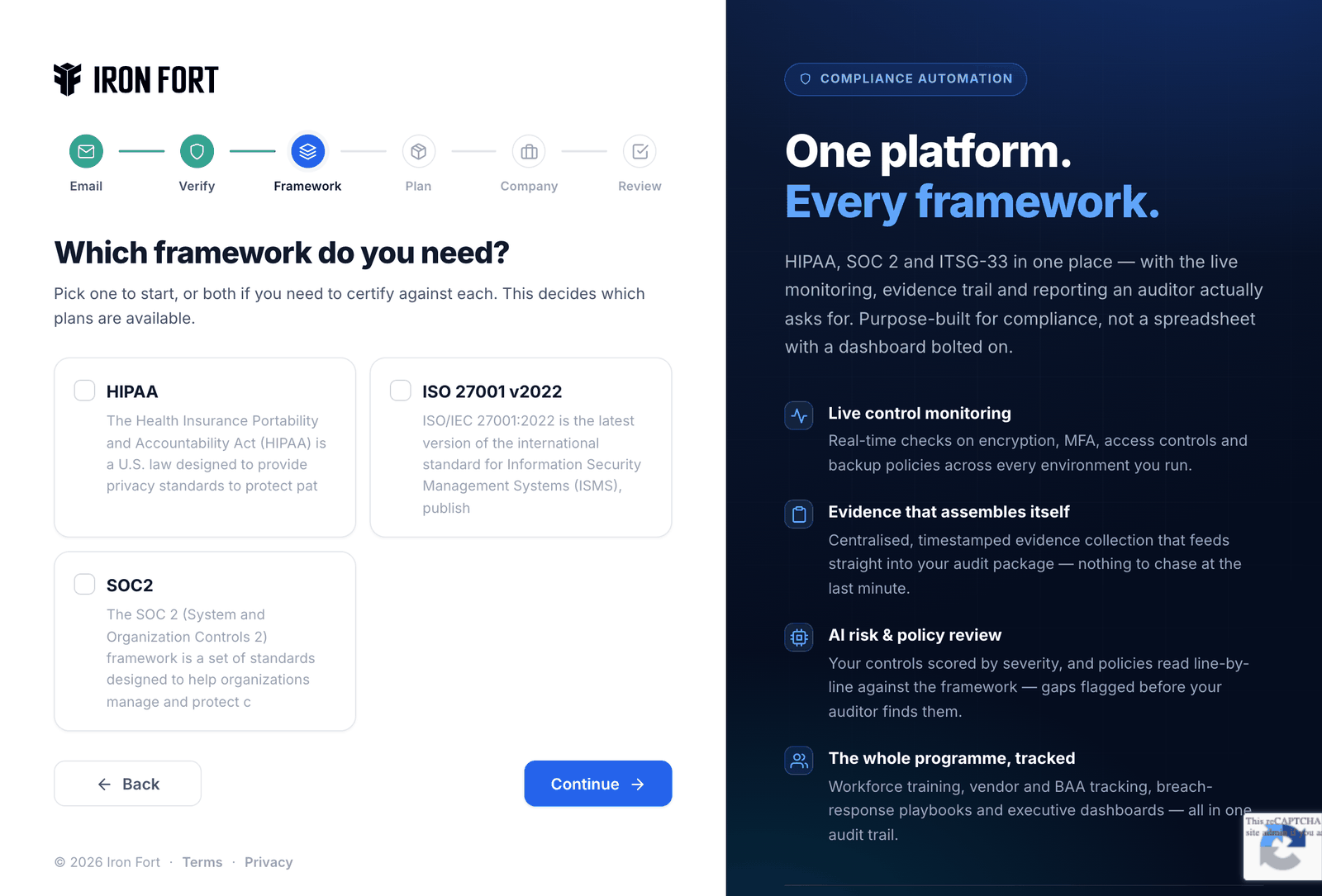 Choose your frameworks — step 5 of redeeming an Iron Fort EarlyBird code