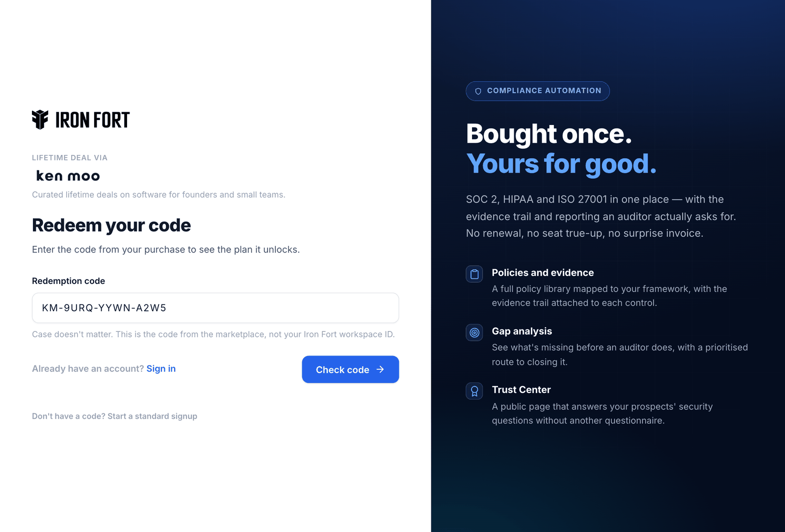 Enter your code — step 1 of redeeming an Iron Fort KenMoo code